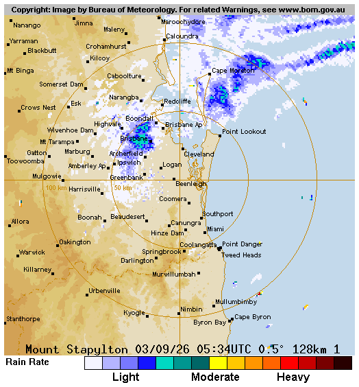 Animated 128 kilometre Brisbane Mt Stapylton rainfall